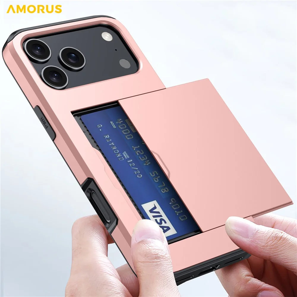 AMORUS For iPhone 18 Pro / 17 Pro Case with Sliding Card Holder PC TPU Phone Back Cover - Rose Gold - 3