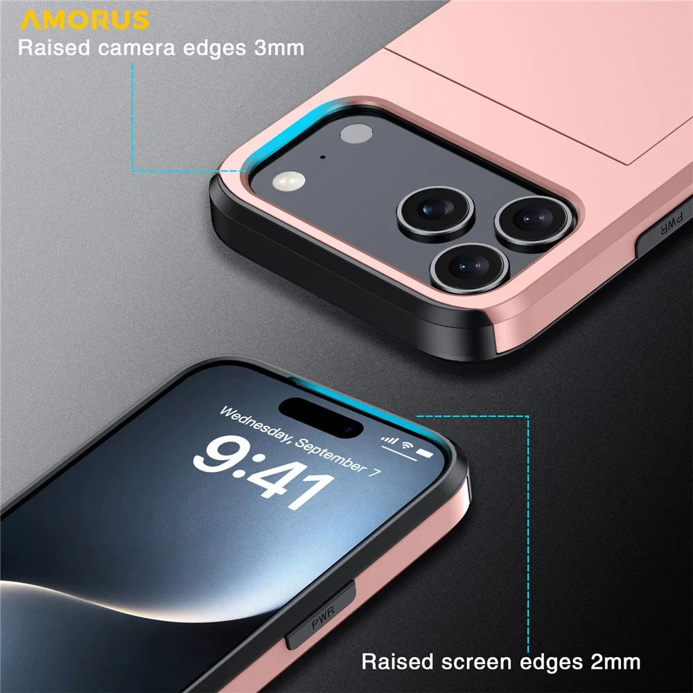 AMORUS For iPhone 18 Pro / 17 Pro Case with Sliding Card Holder PC TPU Phone Back Cover - Rose Gold - 4