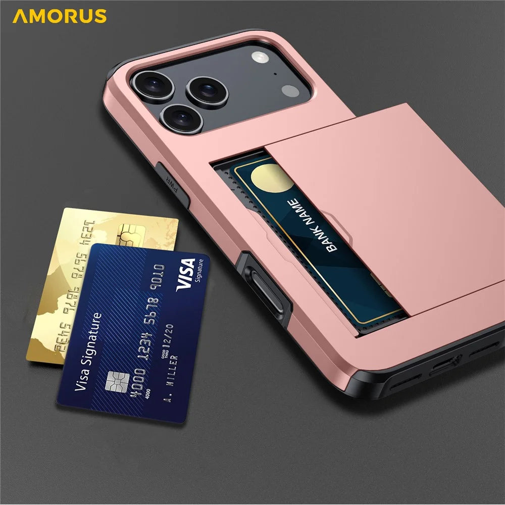 AMORUS For iPhone 18 Pro / 17 Pro Case with Sliding Card Holder PC TPU Phone Back Cover - Rose Gold - 5