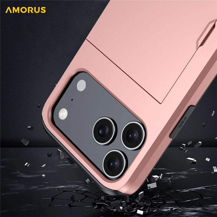 AMORUS For iPhone 18 Pro / 17 Pro Case with Sliding Card Holder PC TPU Phone Back Cover - Rose Gold - 6