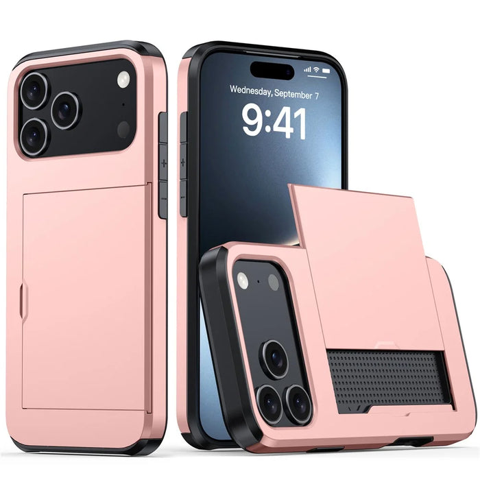 AMORUS For iPhone 18 Pro Max / 17 Pro Max Case with Sliding Card Holder PC TPU Phone Back Cover - Rose Gold - 1