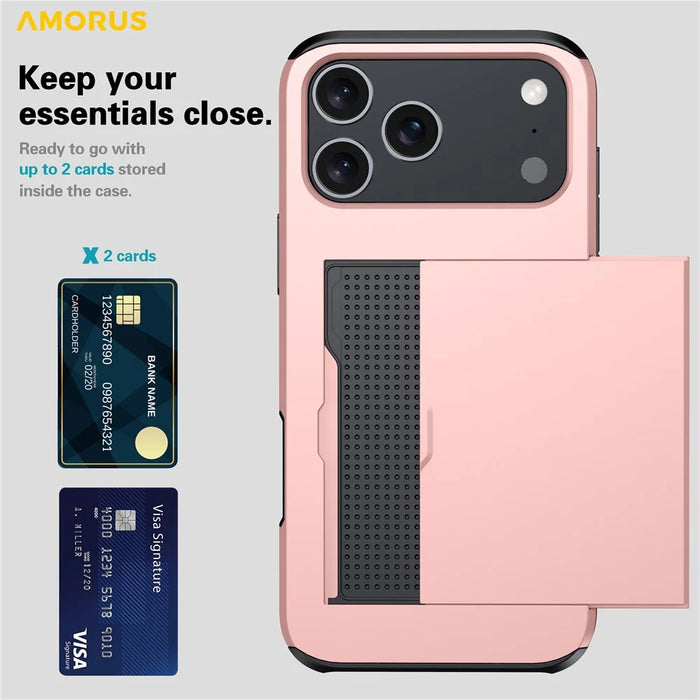 AMORUS For iPhone 18 Pro Max / 17 Pro Max Case with Sliding Card Holder PC TPU Phone Back Cover - Rose Gold - 2