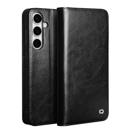 QIALINO For Samsung Galaxy S25 FE Case Wallet Stand Genuine Cow Leather Phone Cover - Black - 1