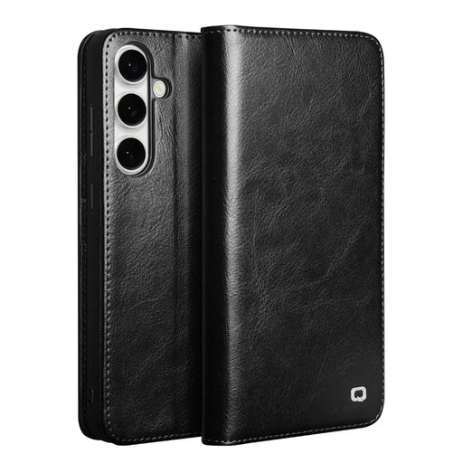 QIALINO For Samsung Galaxy S25 FE Case Wallet Stand Genuine Cow Leather Phone Cover - Black - 1