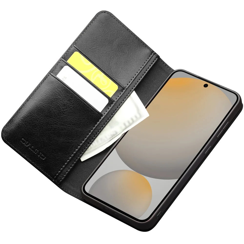 QIALINO For Samsung Galaxy S25 FE Case Wallet Stand Genuine Cow Leather Phone Cover - Black - 2