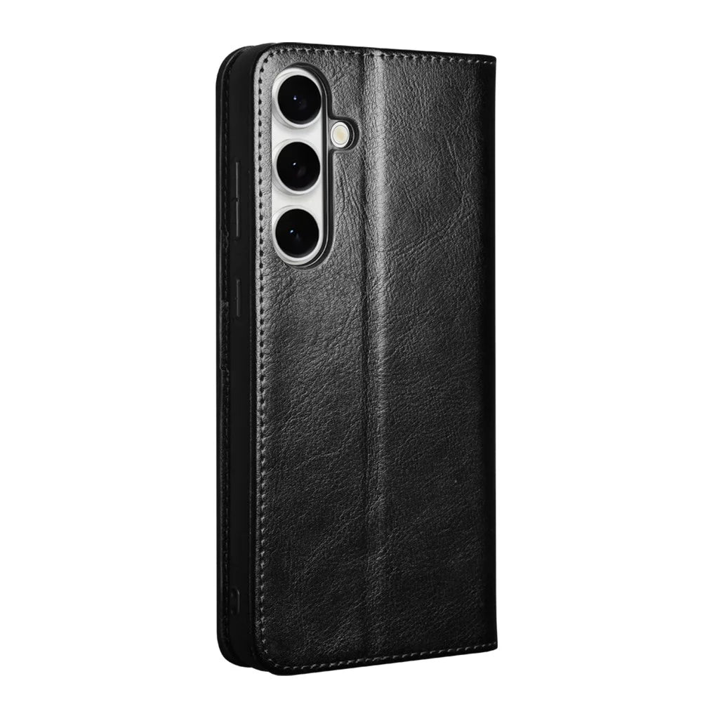 QIALINO For Samsung Galaxy S25 FE Case Wallet Stand Genuine Cow Leather Phone Cover - Black - 4