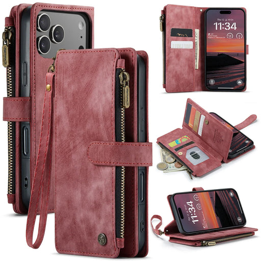 CASEME For iPhone 18 Pro / 17 Pro Phone Cases with Strap  C30 Zipper Multiple Card Holder PU Leather Cover - Red - 1