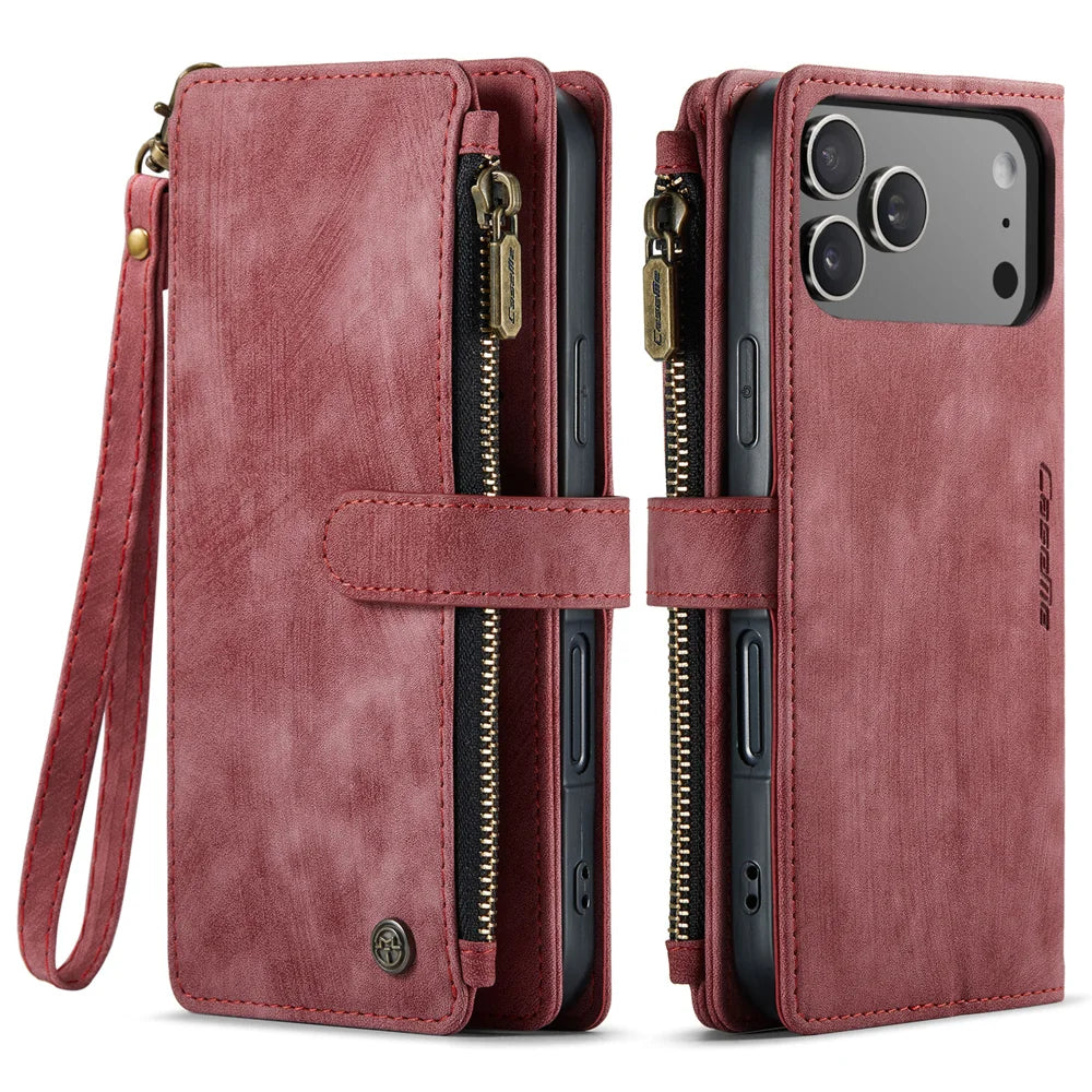 CASEME For iPhone 18 Pro / 17 Pro Phone Cases with Strap  C30 Zipper Multiple Card Holder PU Leather Cover - Red - 2