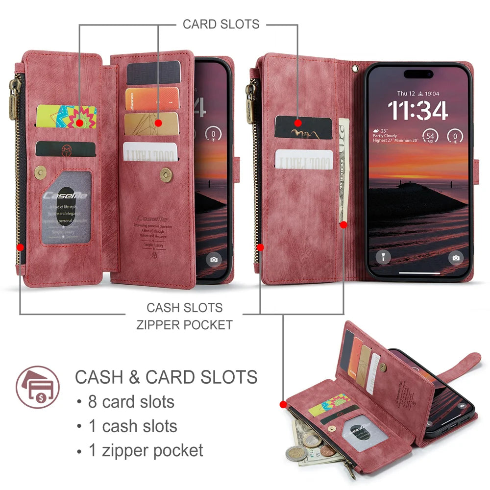 CASEME For iPhone 18 Pro / 17 Pro Phone Cases with Strap  C30 Zipper Multiple Card Holder PU Leather Cover - Red - 3