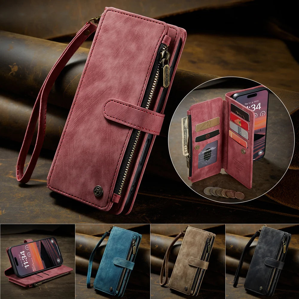 CASEME For iPhone 18 Pro / 17 Pro Phone Cases with Strap  C30 Zipper Multiple Card Holder PU Leather Cover - Red - 4
