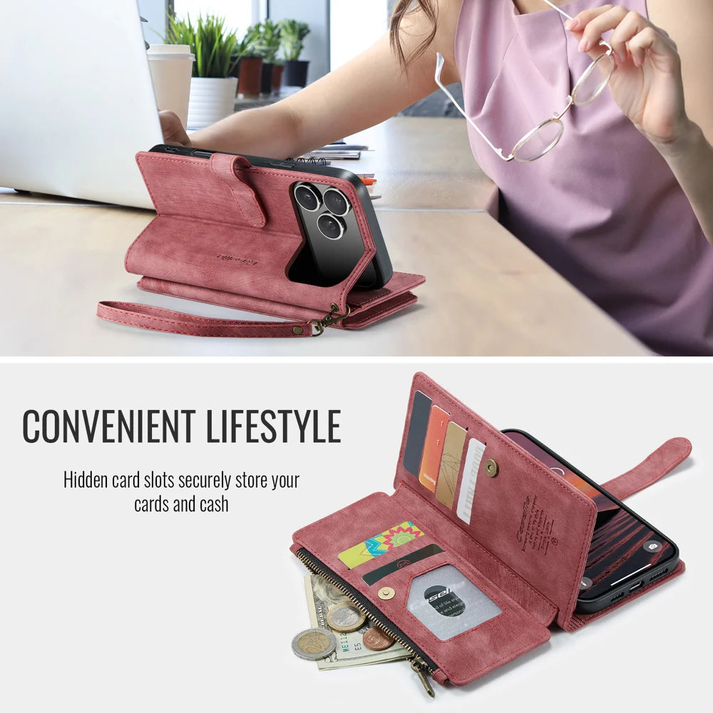 CASEME For iPhone 18 Pro / 17 Pro Phone Cases with Strap  C30 Zipper Multiple Card Holder PU Leather Cover - Red - 5