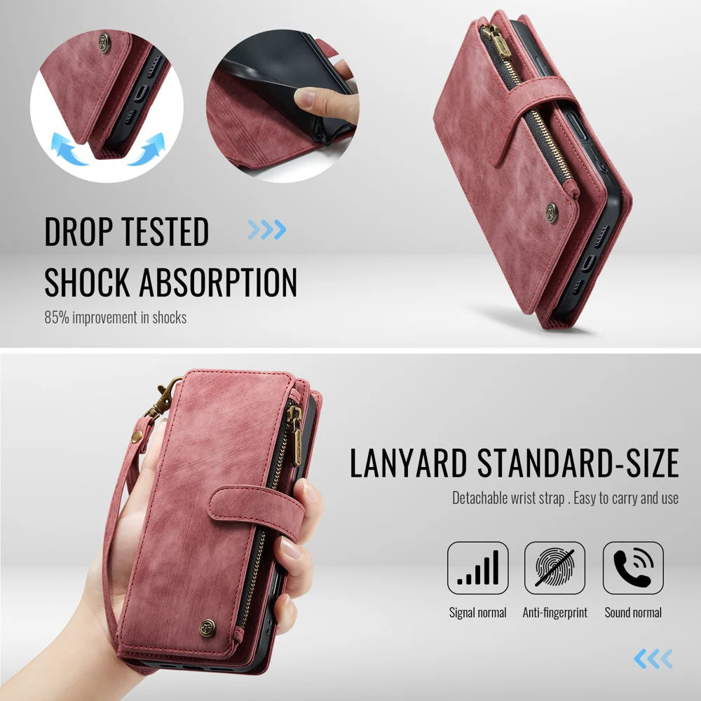 CASEME For iPhone 18 Pro / 17 Pro Phone Cases with Strap  C30 Zipper Multiple Card Holder PU Leather Cover - Red - 6