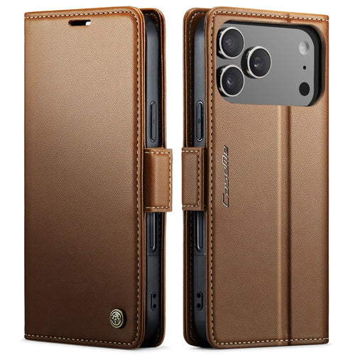 CASEME For iPhone 18 Pro / 17 Pro Case  023 Series RFID Blocking Leather Wallet Stand Phone Cover - Brown - 1