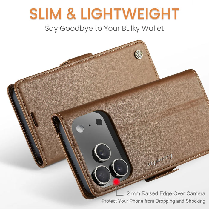 CASEME For iPhone 18 Pro / 17 Pro Case  023 Series RFID Blocking Leather Wallet Stand Phone Cover - Brown - 5