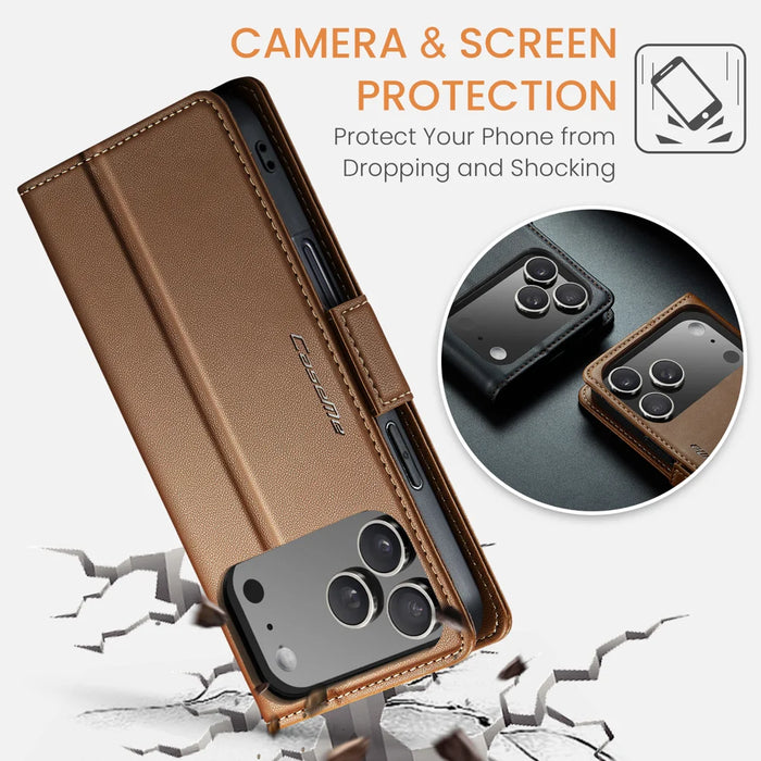 CASEME For iPhone 18 Pro / 17 Pro Case  023 Series RFID Blocking Leather Wallet Stand Phone Cover - Brown - 6