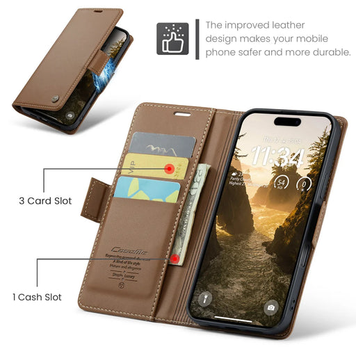 CASEME For iPhone 18 Pro Max / 17 Pro Max Case  023 Series RFID Blocking Leather Wallet Stand Phone Cover - Brown - 2