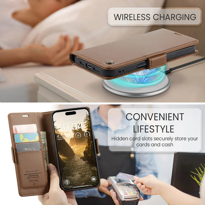 CASEME For iPhone 18 Pro Max / 17 Pro Max Case  023 Series RFID Blocking Leather Wallet Stand Phone Cover - Brown - 7