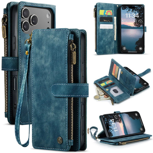 CASEME For iPhone 18 Pro Max / 17 Pro Max Phone Cases with Strap  C30 Zipper Multiple Card Holder PU Leather Cover - Blue - 1