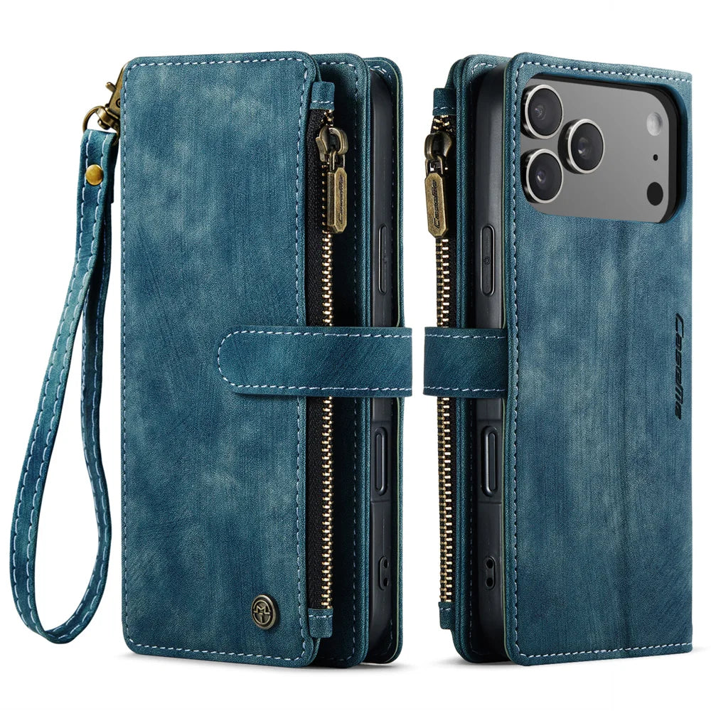 CASEME For iPhone 18 Pro Max / 17 Pro Max Phone Cases with Strap  C30 Zipper Multiple Card Holder PU Leather Cover - Blue - 2