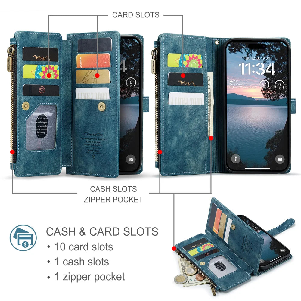 CASEME For iPhone 18 Pro Max / 17 Pro Max Phone Cases with Strap  C30 Zipper Multiple Card Holder PU Leather Cover - Blue - 3