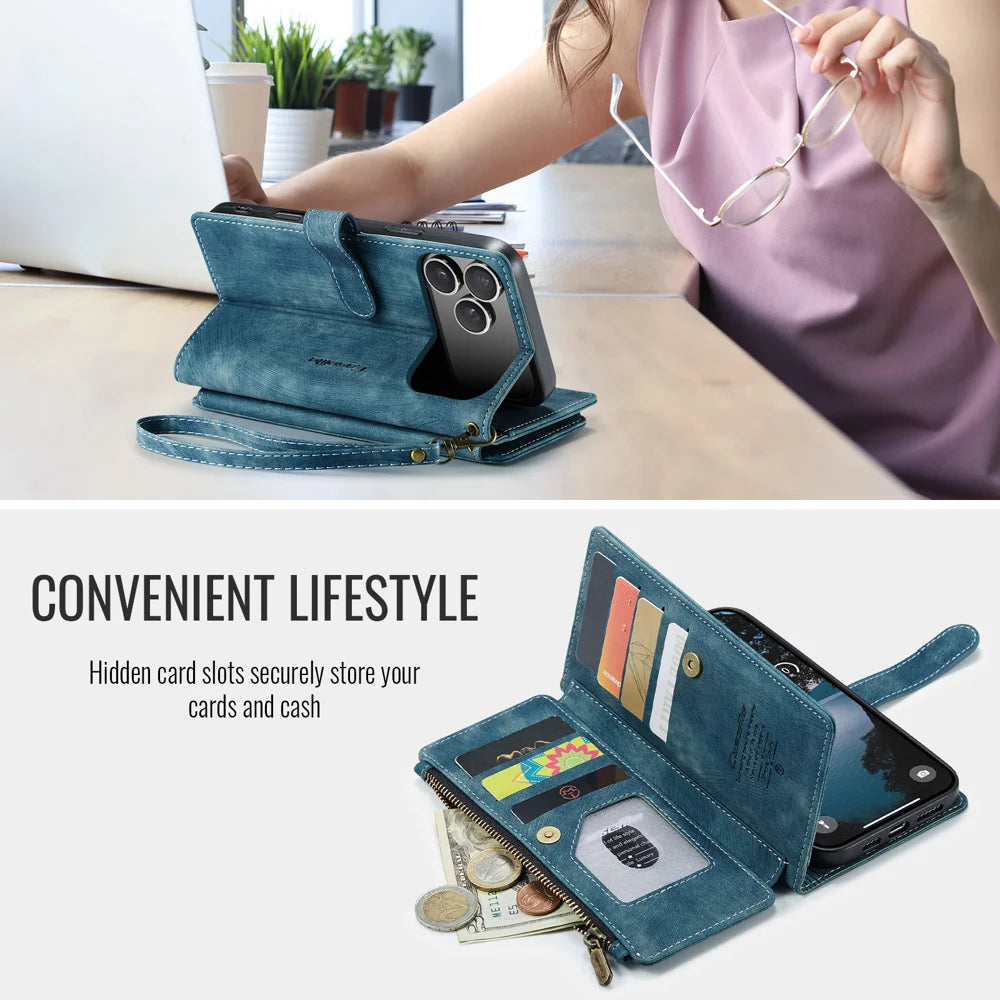 CASEME For iPhone 18 Pro Max / 17 Pro Max Phone Cases with Strap  C30 Zipper Multiple Card Holder PU Leather Cover - Blue - 5