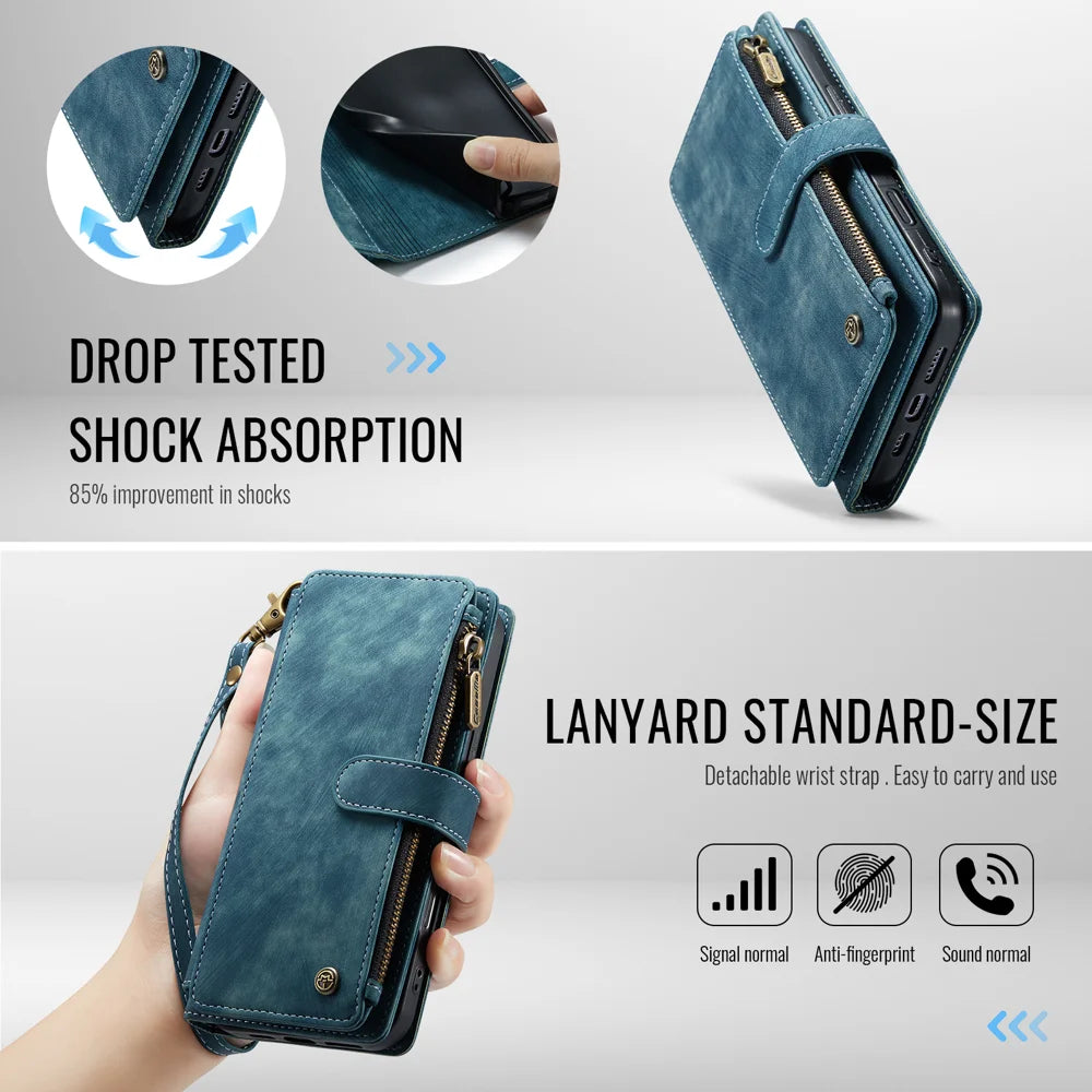 CASEME For iPhone 18 Pro Max / 17 Pro Max Phone Cases with Strap  C30 Zipper Multiple Card Holder PU Leather Cover - Blue - 6