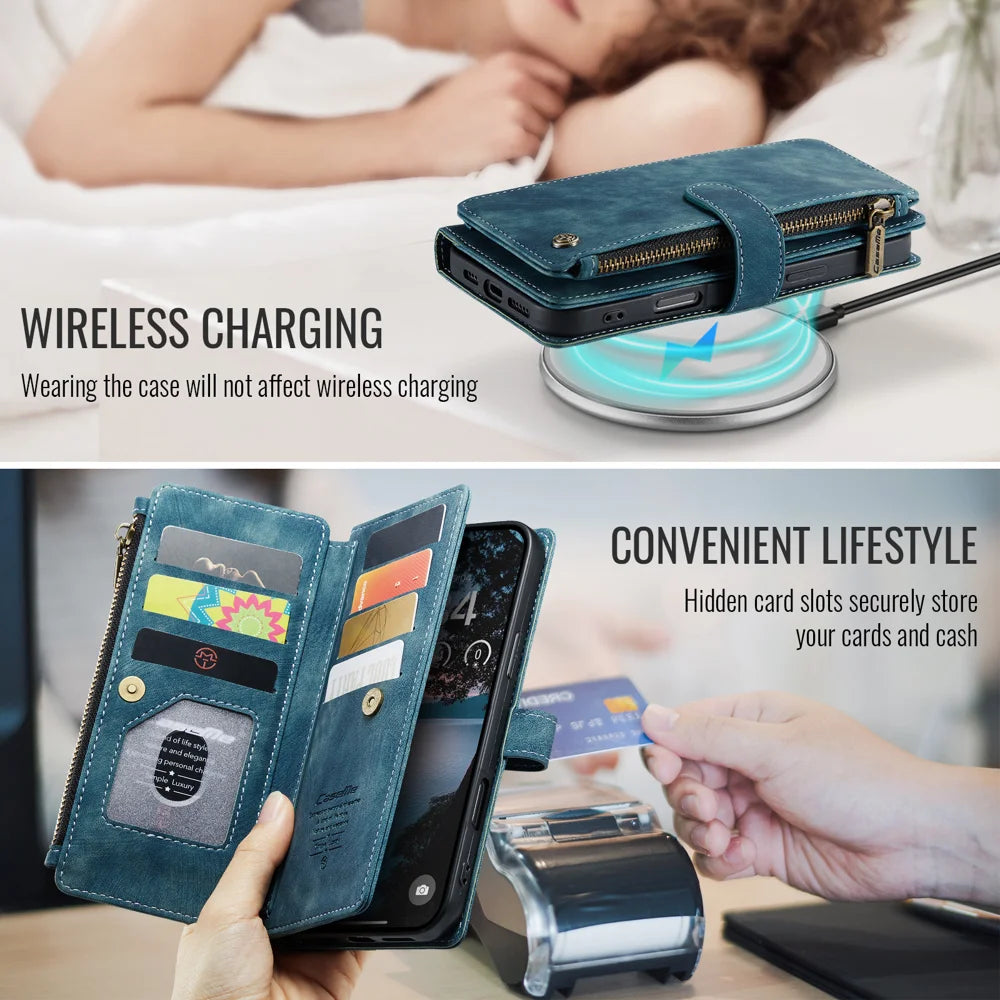 CASEME For iPhone 18 Pro Max / 17 Pro Max Phone Cases with Strap  C30 Zipper Multiple Card Holder PU Leather Cover - Blue - 7