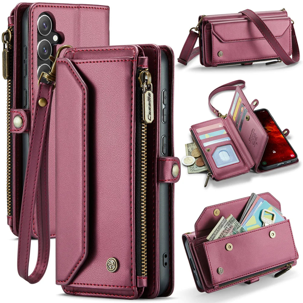 CASEME For Samsung Galaxy S25 FE Leather Case  C36 Zipper 10 Card Slots Phone Cover with Straps - Red - 1