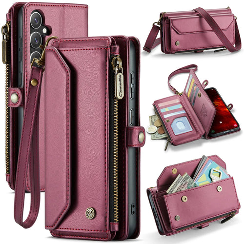 CASEME For Samsung Galaxy S25 FE Leather Case  C36 Zipper 10 Card Slots Phone Cover with Straps - Red - 1