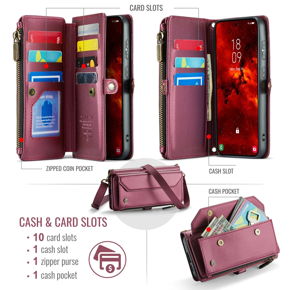 CASEME For Samsung Galaxy S25 FE Leather Case  C36 Zipper 10 Card Slots Phone Cover with Straps - Red - 2