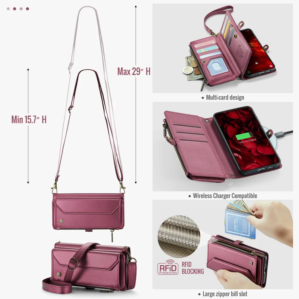 CASEME For Samsung Galaxy S25 FE Leather Case  C36 Zipper 10 Card Slots Phone Cover with Straps - Red - 3