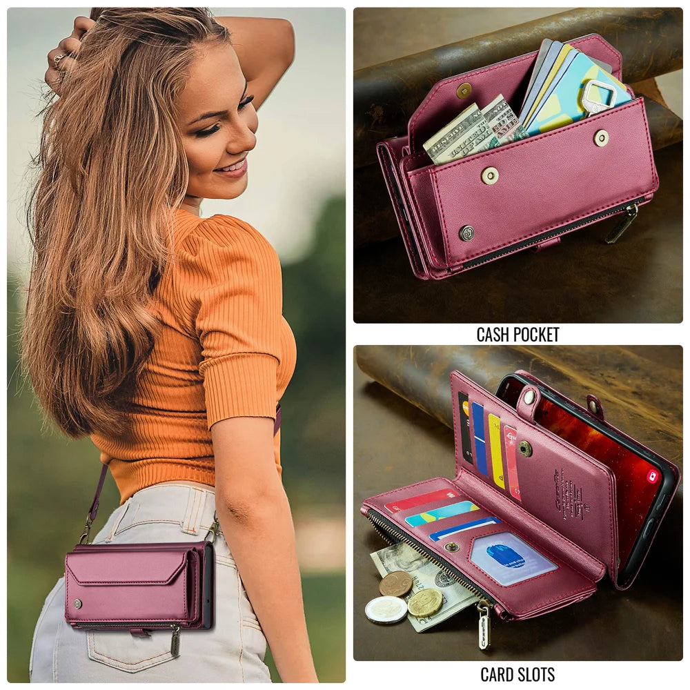 CASEME For Samsung Galaxy S25 FE Leather Case  C36 Zipper 10 Card Slots Phone Cover with Straps - Red - 4