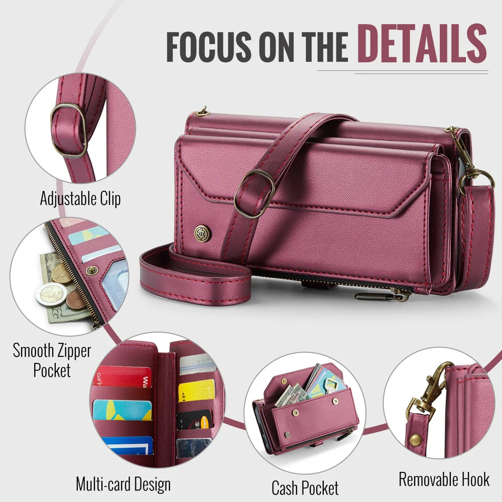 CASEME For Samsung Galaxy S25 FE Leather Case  C36 Zipper 10 Card Slots Phone Cover with Straps - Red - 5