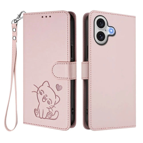 For iPhone 17 Wallet Case with Wrist Strap Love Cat Pattern Imprint Leather Phone Cover - Pink - 1