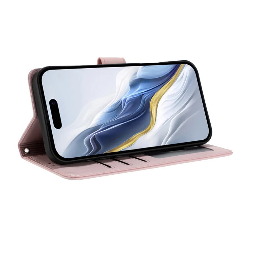 For iPhone 17 Wallet Case with Wrist Strap Love Cat Pattern Imprint Leather Phone Cover - Pink - 3