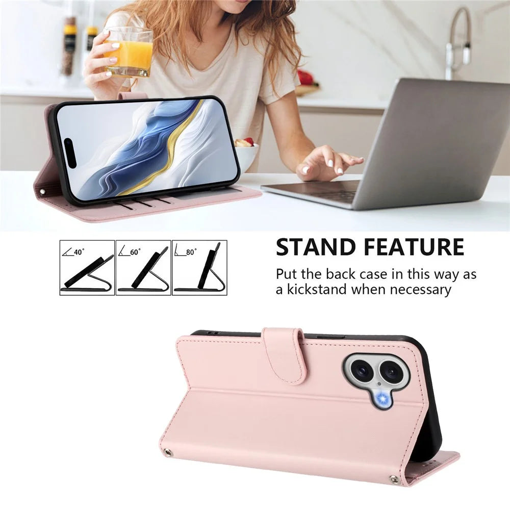 For iPhone 17 Wallet Case with Wrist Strap Love Cat Pattern Imprint Leather Phone Cover - Pink - 4