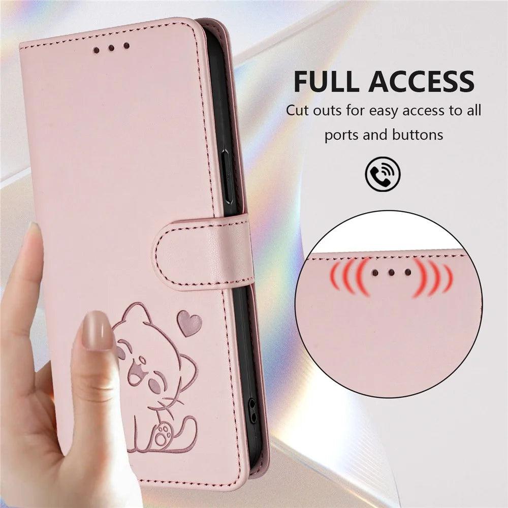 For iPhone 17 Wallet Case with Wrist Strap Love Cat Pattern Imprint Leather Phone Cover - Pink - 5