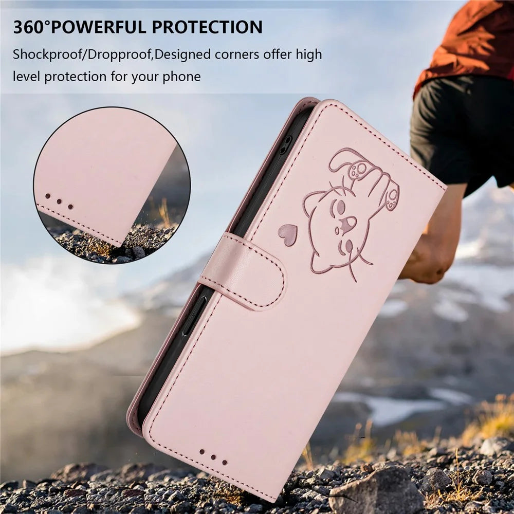 For iPhone 17 Wallet Case with Wrist Strap Love Cat Pattern Imprint Leather Phone Cover - Pink - 6