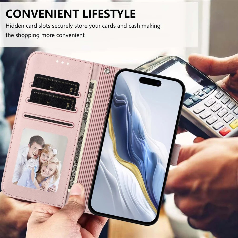 For iPhone 17 Wallet Case with Wrist Strap Love Cat Pattern Imprint Leather Phone Cover - Pink - 7
