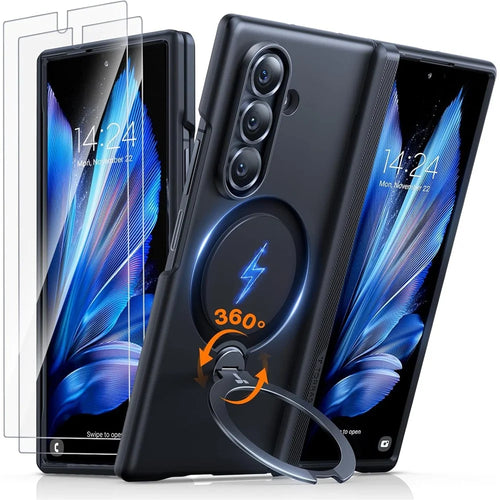 TORRAS Ostand Q3 Spin Series For Samsung Galaxy Z Fold7 5G Case 360 Degree Rotating Magnetic Kickstand PC Phone Cover with 2 Tempered Glass Film - Black - 1