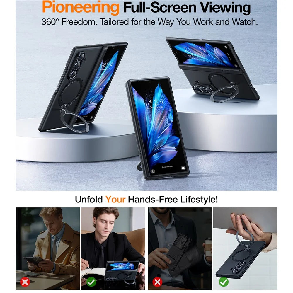 TORRAS Ostand Q3 Spin Series For Samsung Galaxy Z Fold7 5G Case 360 Degree Rotating Magnetic Kickstand PC Phone Cover with 2 Tempered Glass Film - Black - 3