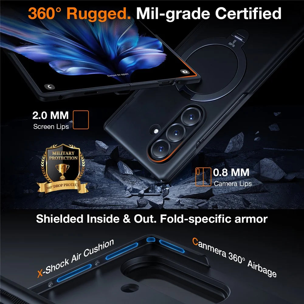 TORRAS Ostand Q3 Spin Series For Samsung Galaxy Z Fold7 5G Case 360 Degree Rotating Magnetic Kickstand PC Phone Cover with 2 Tempered Glass Film - Black - 5