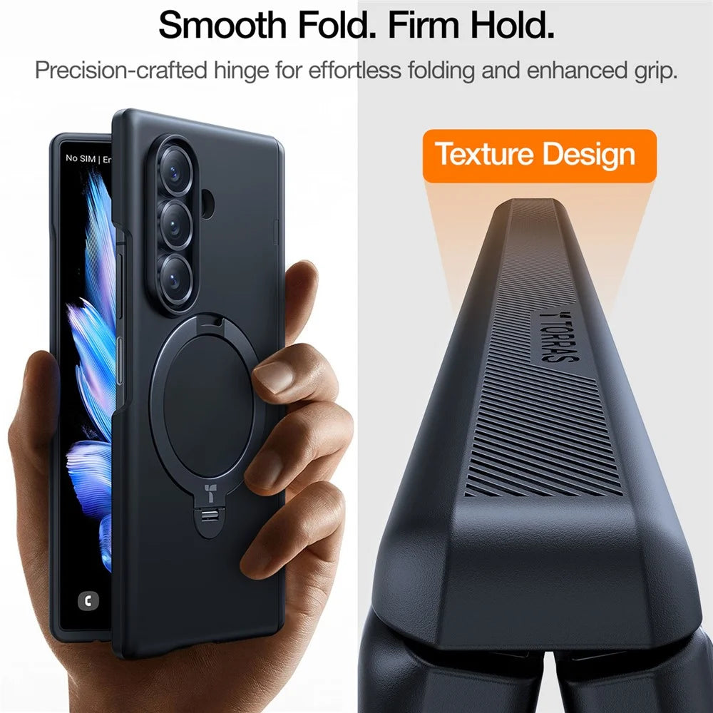 TORRAS Ostand Q3 Spin Series For Samsung Galaxy Z Fold7 5G Case 360 Degree Rotating Magnetic Kickstand PC Phone Cover with 2 Tempered Glass Film - Black - 7
