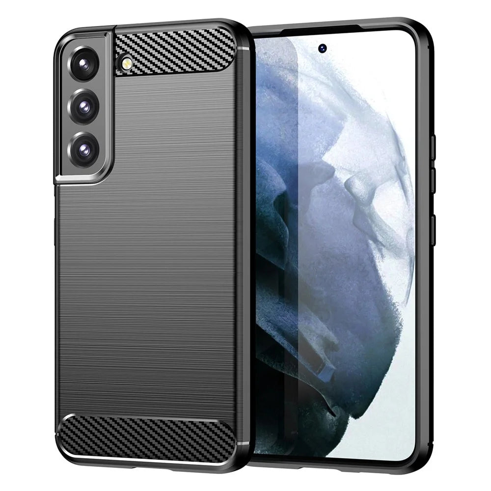 For Samsung Galaxy S23 Shockproof Case Anti-Drop Flexible TPU Phone Back Cover Brushed Carbon Fiber Texture Cell Phone Case - Black - 1