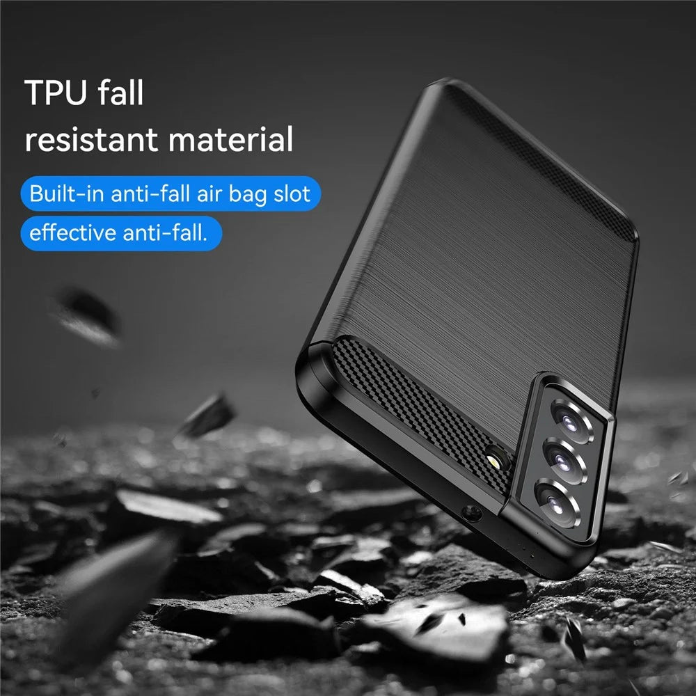 For Samsung Galaxy S23 Shockproof Case Anti-Drop Flexible TPU Phone Back Cover Brushed Carbon Fiber Texture Cell Phone Case - Black - 6