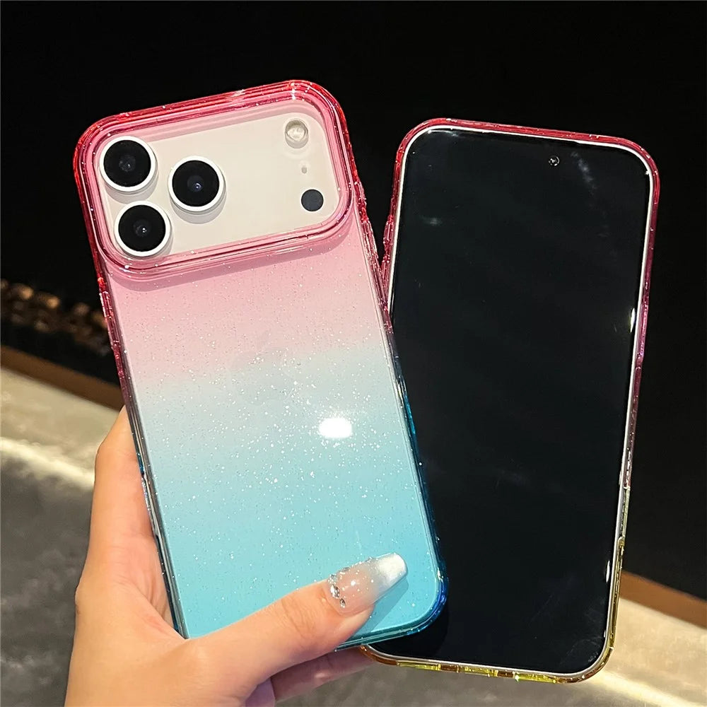 For iPhone 18 Pro Max / 17 Pro Max Case Transparent Glitter Dual Color PC + TPU Phone Cover - Pink / Sky Blue - 3