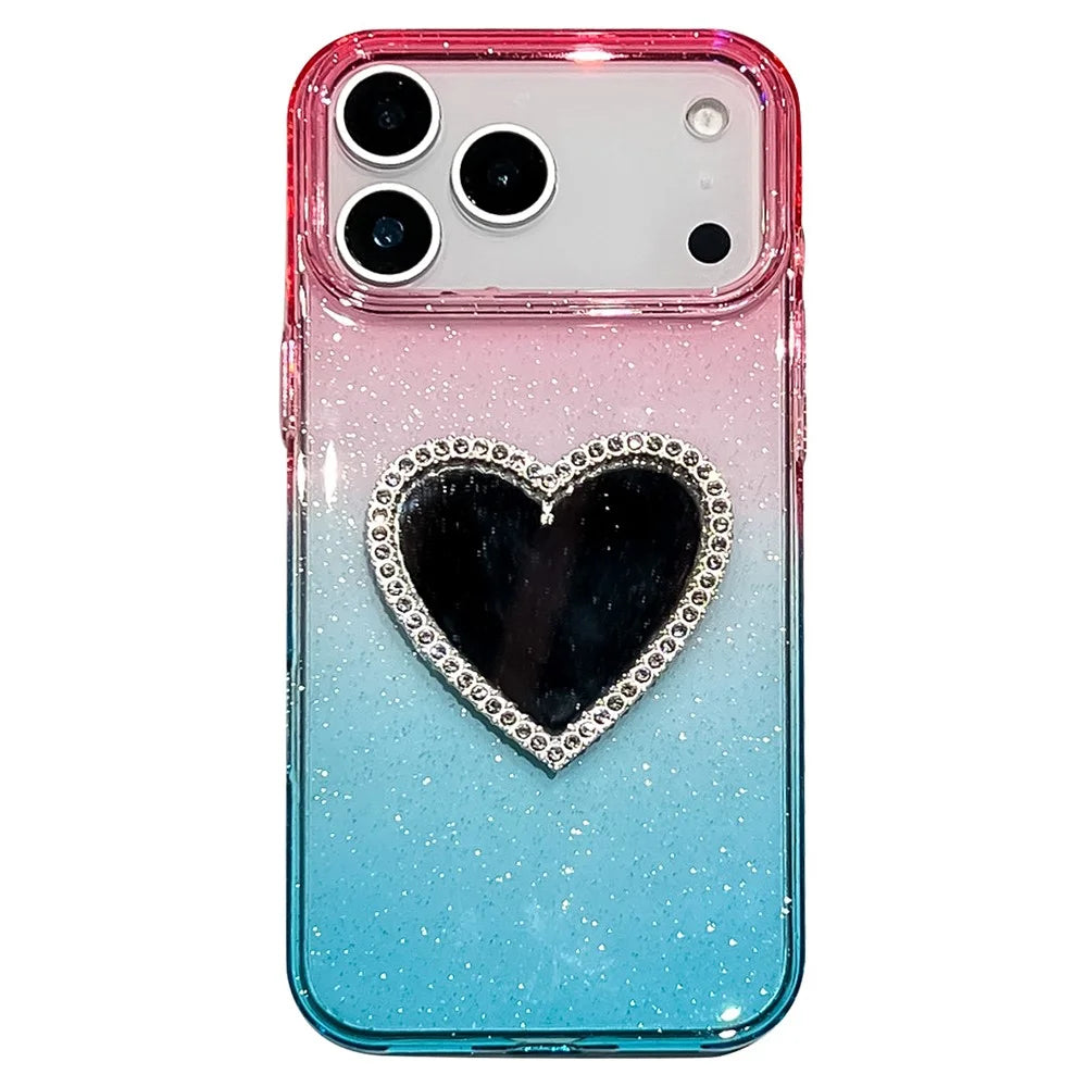 For iPhone 18 Pro Max / 17 Pro Max Case Glitter Dual Color PC + TPU Clear Phone Cover with Heart-Shape Mirror - Pink / Sky Blue - 1