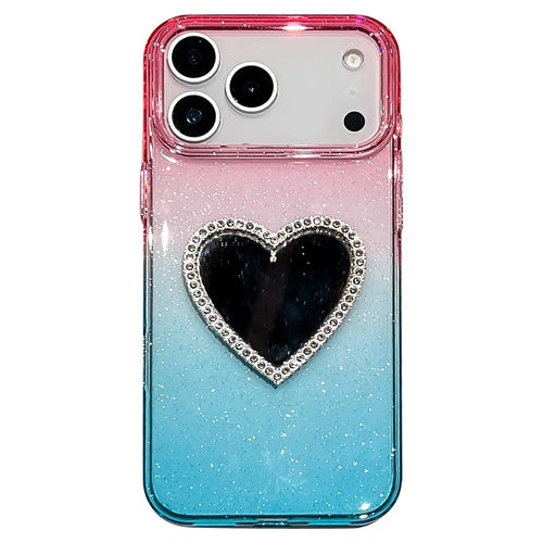 For iPhone 18 Pro Max / 17 Pro Max Case Glitter Dual Color PC + TPU Clear Phone Cover with Heart-Shape Mirror - Pink / Sky Blue - 1