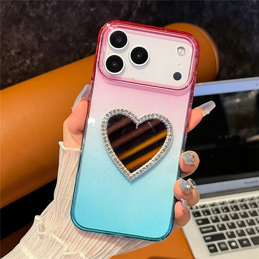 For iPhone 18 Pro Max / 17 Pro Max Case Glitter Dual Color PC + TPU Clear Phone Cover with Heart-Shape Mirror - Pink / Sky Blue - 2