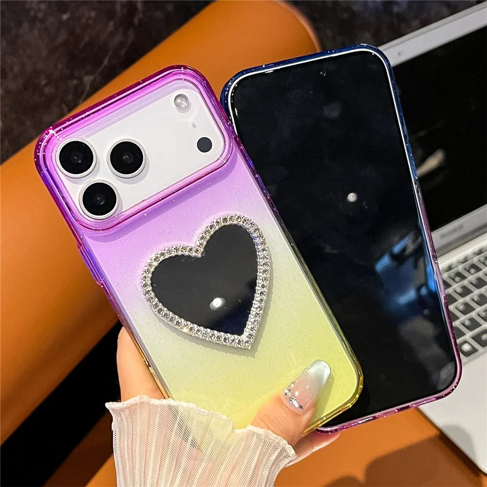 For iPhone 18 Pro Max / 17 Pro Max Case Glitter Dual Color PC + TPU Clear Phone Cover with Heart-Shape Mirror - Pink / Sky Blue - 3